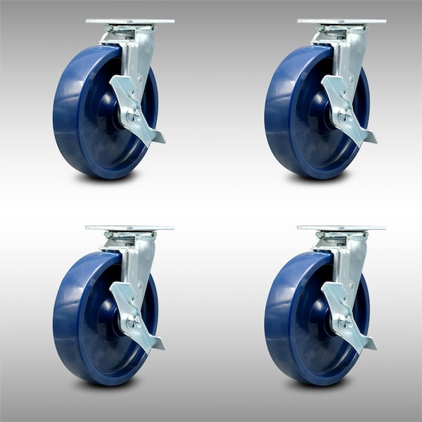 8 Inch SS Solid Poly Swivel Caster Set with Ball Bearings and Brakes SCC